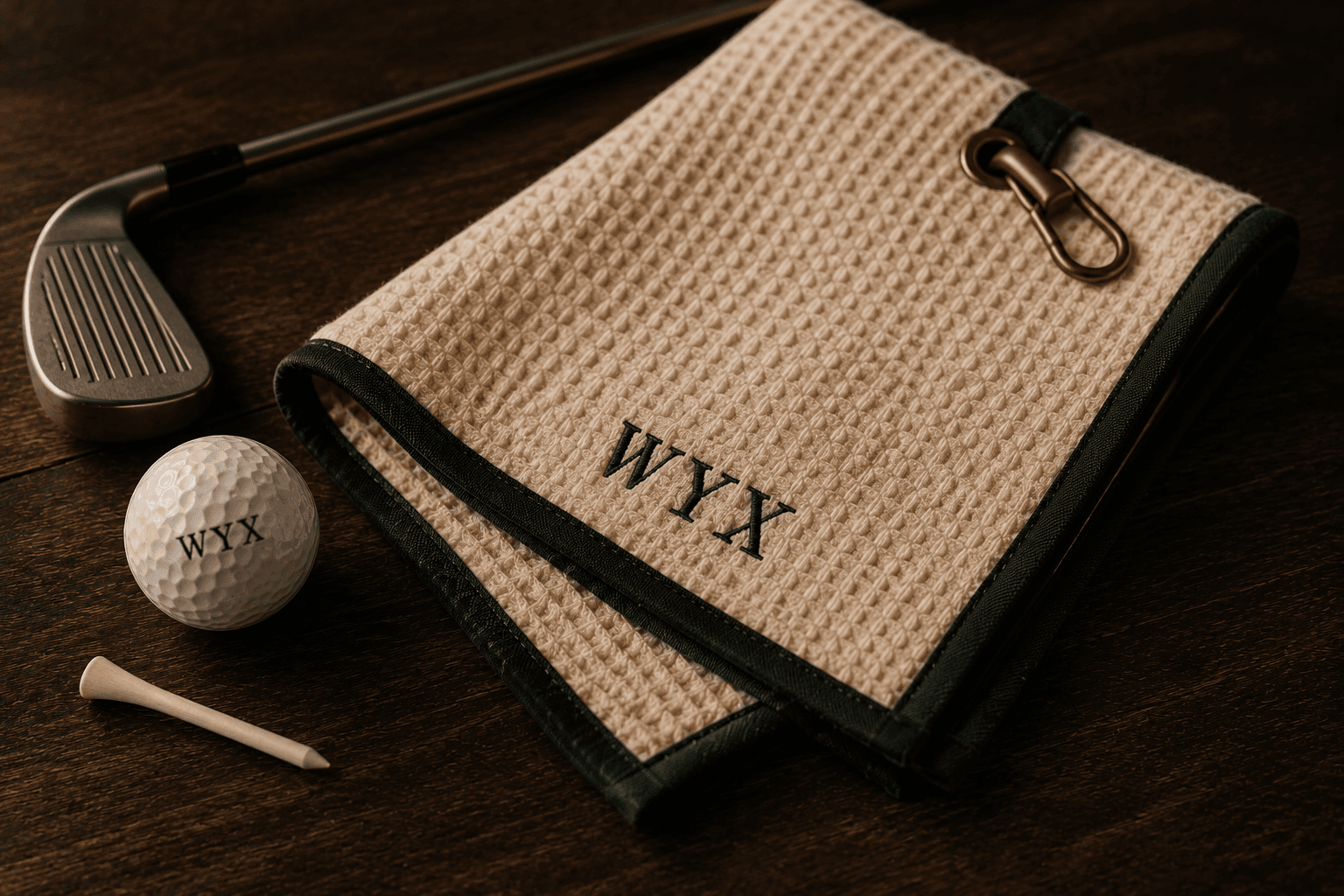 Golf towel and bag accessories flat lay
